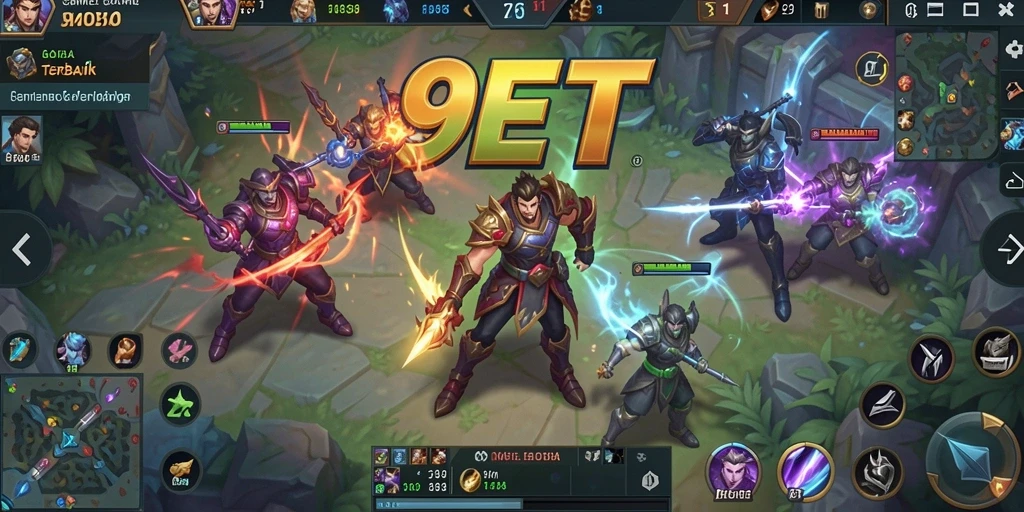 Tangkapan layar gameplay 9ET menampilkan aksi pertempuran MOBA yang seru.