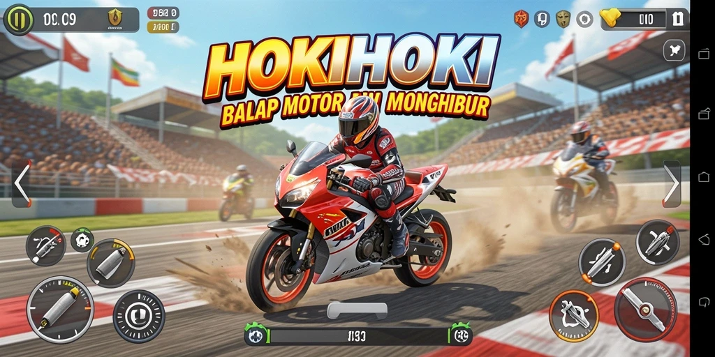 Gameplay seru HOKIHOKI dalam balapan motor yang cepat dan mendebarkan.
