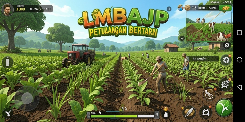 Screenshot utama LMBAJP menunjukkan aktivitas bertani yang menarik.