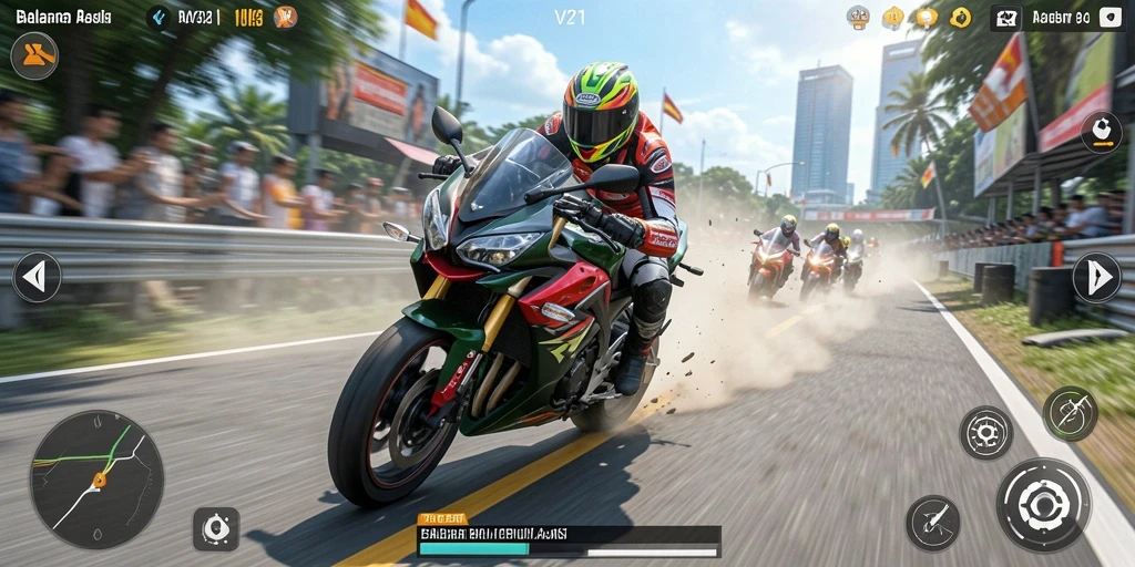 Screenshot V21 menampilkan aksi balapan motor yang seru dan mendebarkan.