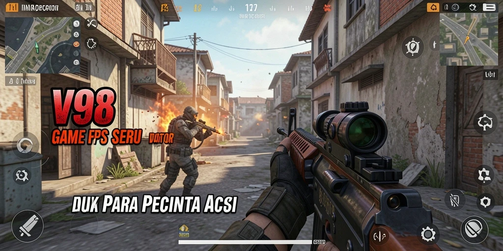 Screenshot menampilkan momen intens pertempuran dalam V98 dengan gameplay FPS.